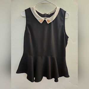 Chloe K Elegant Black Peplum Sleeveless Top with Cream Collar